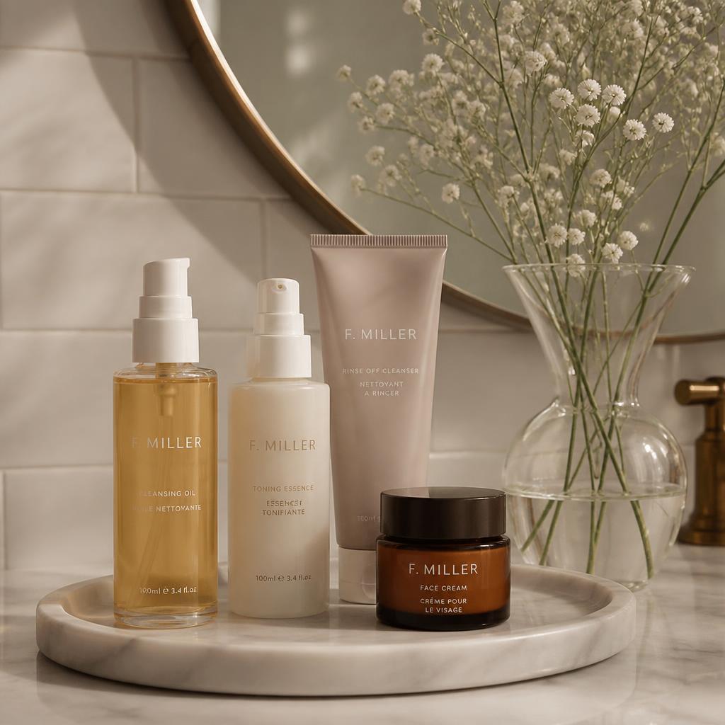 Produtos de skincare sobre bandeja de mármore