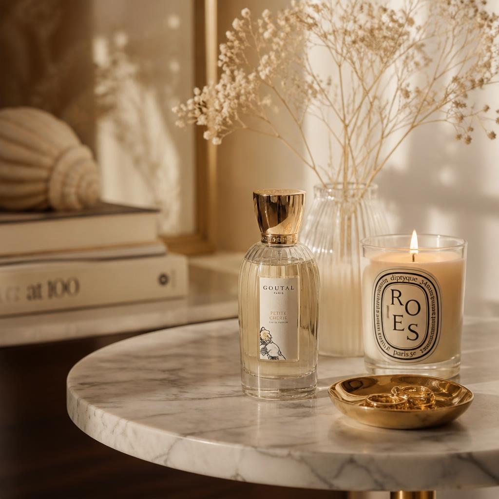 Perfume elegante ao lado de vela aromática